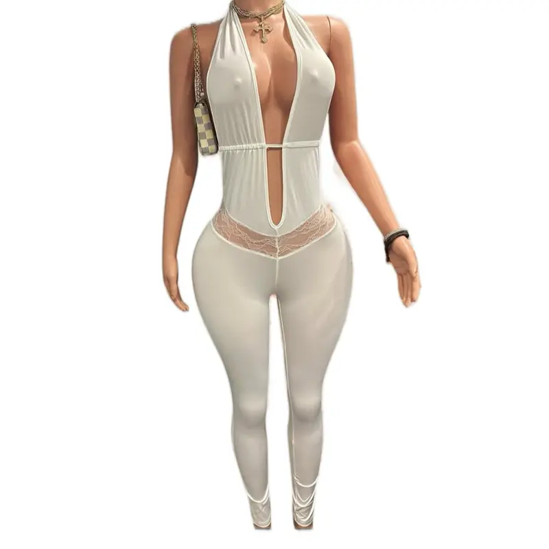 White Jumpsuit with Halter Neckline and Lace Detail for Women's Fashion