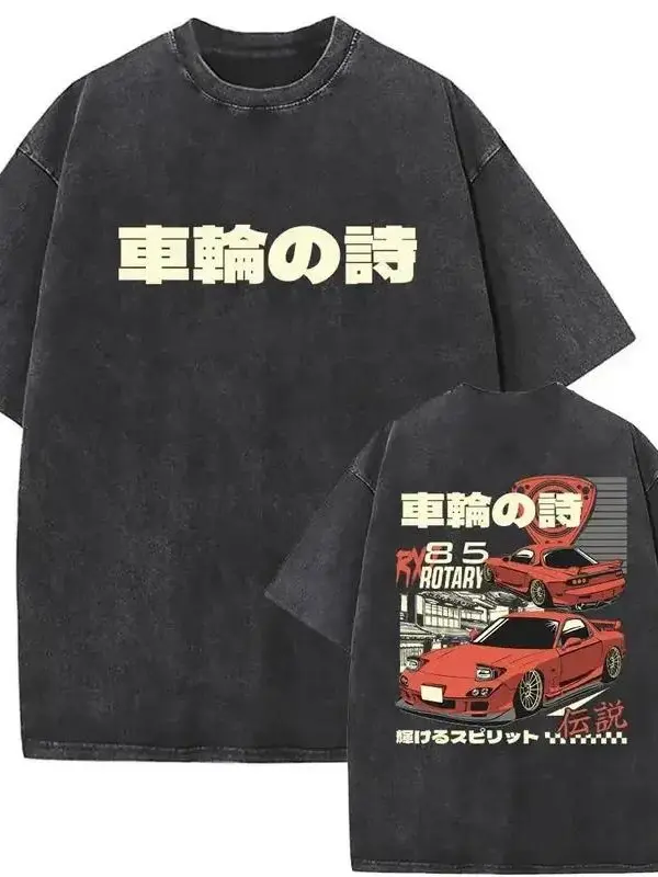 [BT] Initial D Rotary RX7 FD3S Wheel Poem Japanese Vintage Washed Double Sided Oversized JDM Car graphic Streetwear T-Shirt, Anime Initial D Drift AE86 Washed Vintage Print T-shirt RX-7 R34 Skyline GTR JDM T-shirts Men's Harajuku Cozy Oversized tees