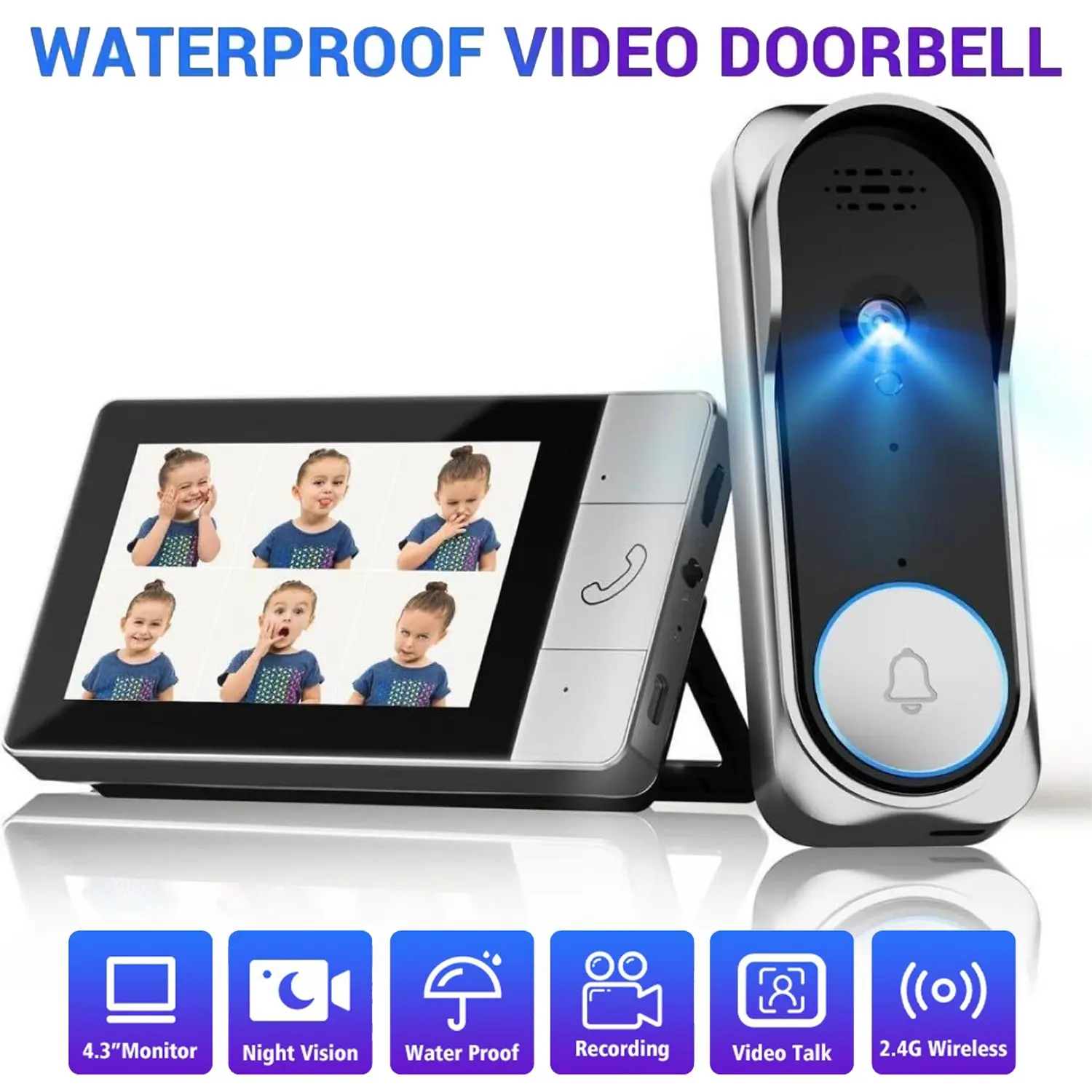 Wireless Video Doorbell with 4.3 Inch Color Screen, Two Way Intercom, 2.4g Connection, Night Vision, Waterproof Ip66, Long Battery Life, No APP Needed, Home Security Doorbell, Wireless Smart Doorbell