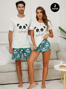 Couple's Letter  Print Tee & Panda  Print Pants Pyjama Two-piece Set, Casual Comfy Round Neck Short Sleeve T-shirt & Trousers Pj Set, Couple's Sleepwear for All Seasons