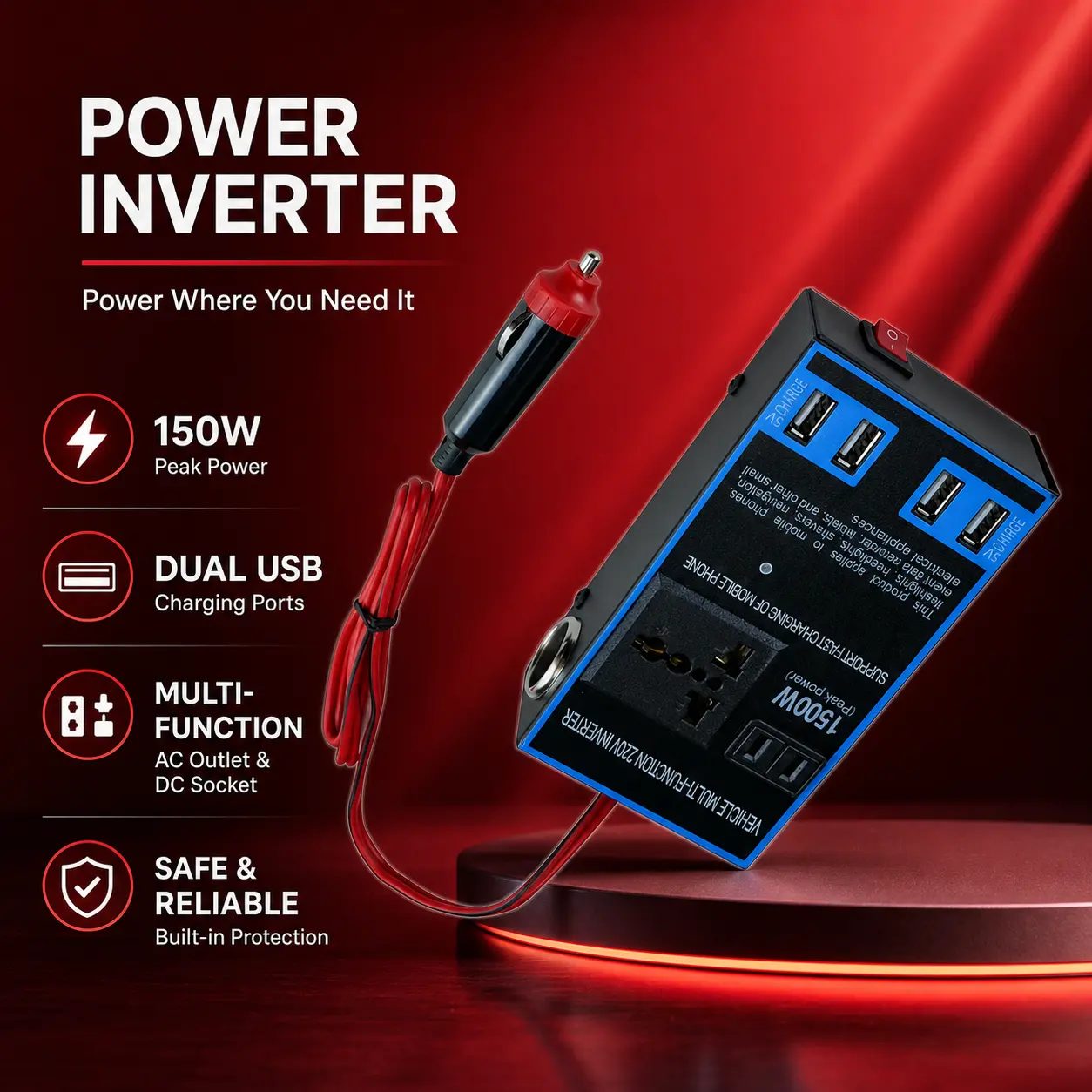 1500W Peak Vehicle Inverter - DC 12V/24V to AC 220V Power Converter for Truckers, Cab Use, with Multi Port & Cigarette Lighter Cable for AC Conversion