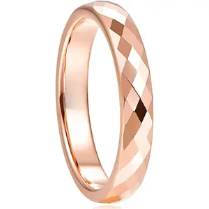 4MM Tungsten Carbide Rings Faceted Edge Dome Polished Rose Gold Plated/Black/24K Gold Plated/Silver Wedding Band Comfort Fit for Women Size 5-12