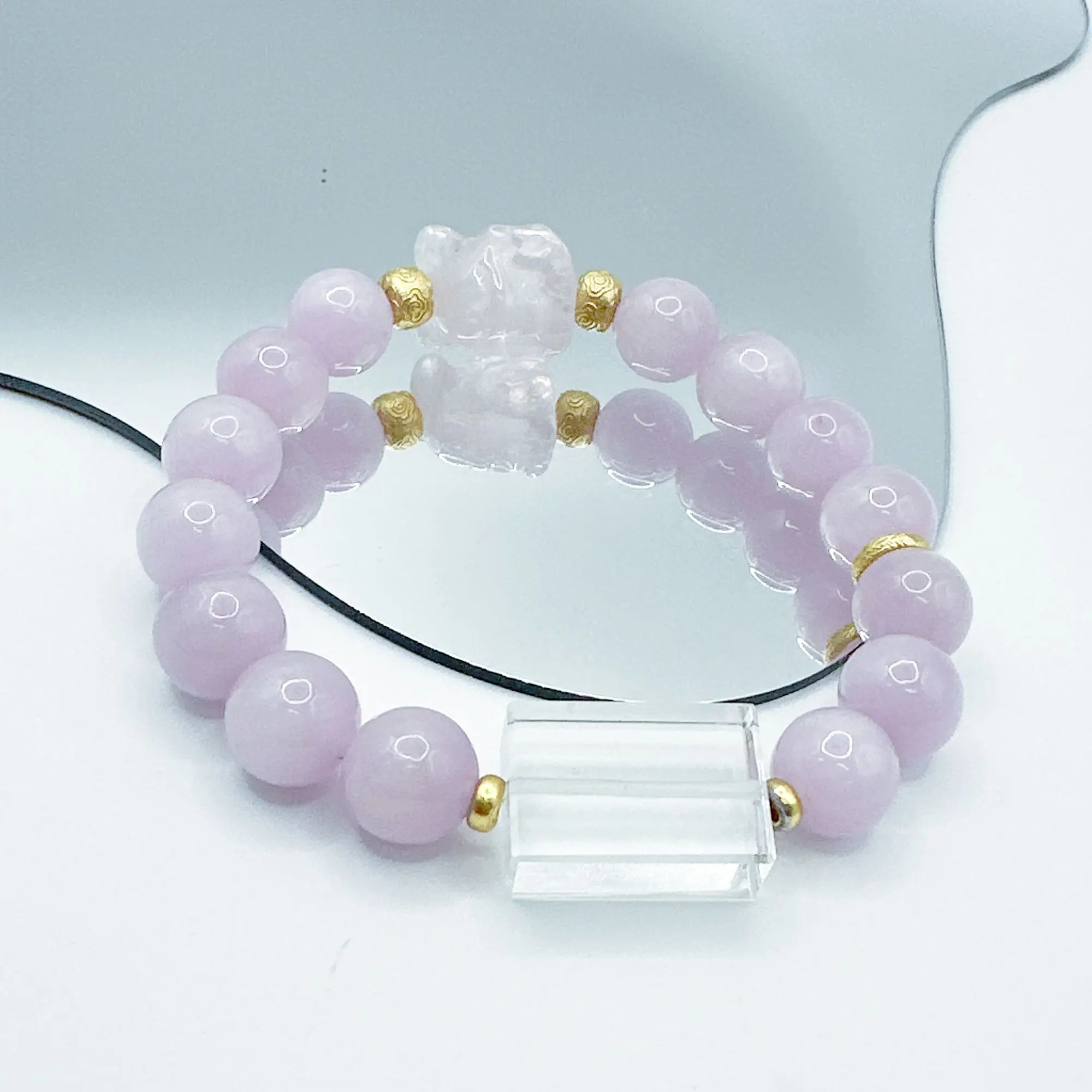 Jia'ou-Lovebond Youth Bracelet with Pink Beads & Gold Accents - 3-Power Crystal Fusion Kunzite & Clear Quartz Peace Charm for Love Life & Emotional Bonds