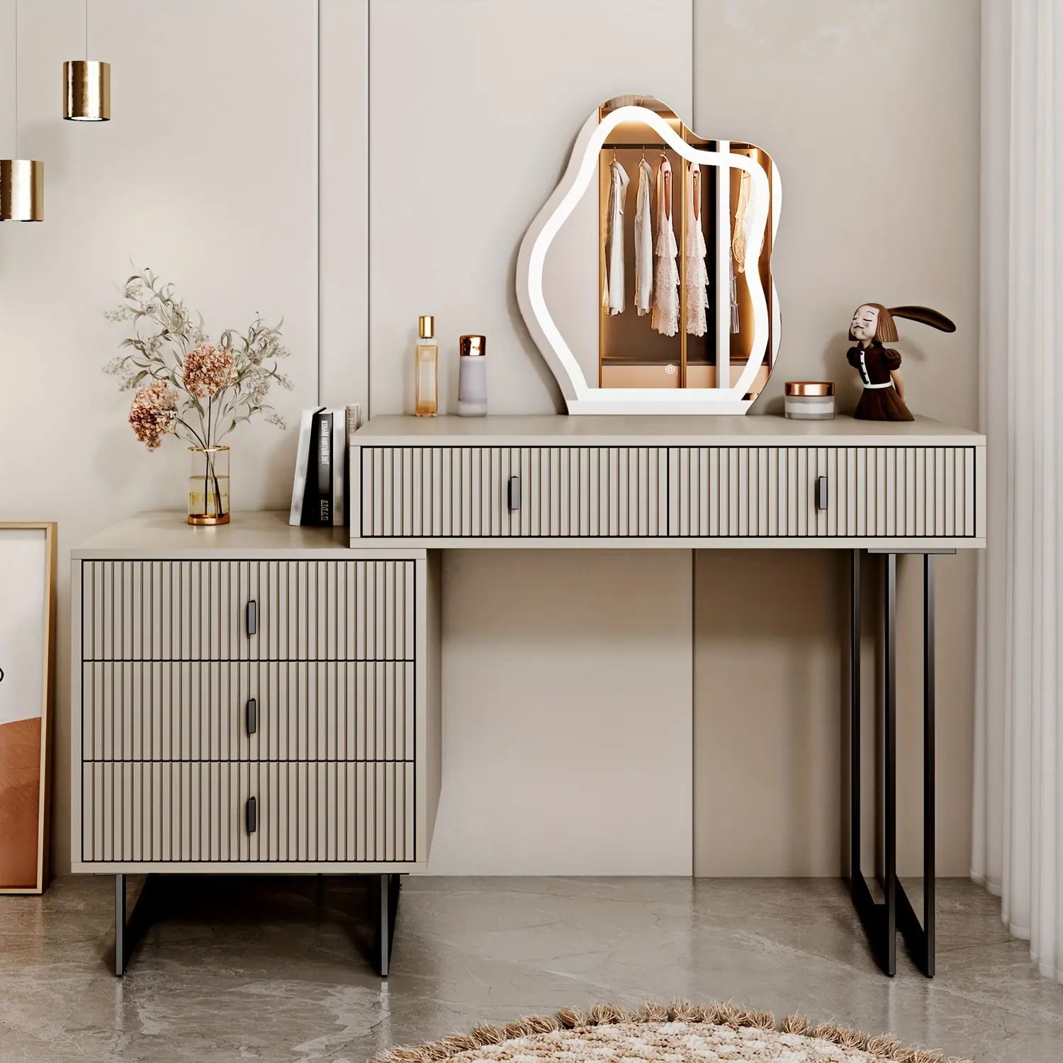 Women's Sturdy Iron Nordic Modern Makeup Vanity Desk - 3-Color Touchscreen Lighted Irregular Mirror, 5 Storage Drawers, Tiered Storage, Waterproof, Adjustable, Beige/Grey/Black Accents Indoor Dressing Table