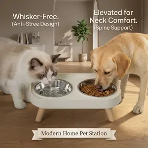 Elevated Cats & Dogs Bowls with  Legs - Double Stainless Steel Pet Feeder for Small/Medium Dogs & Cats, Cream Minimalist Raised Cat Food Water Bowl Set