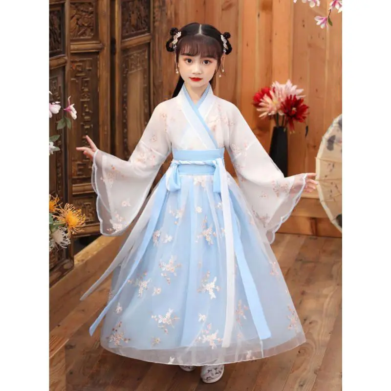 Girls' Fairy Hanfu Ruqun Dress, Ancient-Style Gradient Summer Outfit with Sheer Long Sleeves, Flowing Sash, and Tassel Details, Machine Washable 100% Polyester