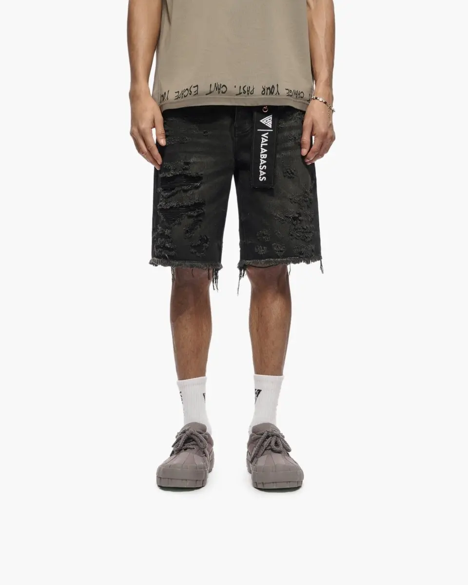 Men's Clipped Denim Shorts - Black Washed Casual Streetwear Cutoff, Comfortable Summer Fit, Denim Fabric, Tee-Hoodie Match, Textured Depth, Cold Wash Menswear Bottoms