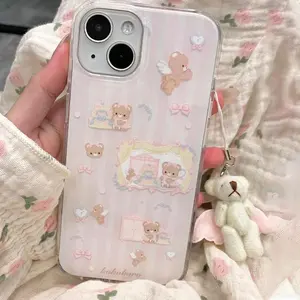 Cute Bear Pattern Phone Case with Plush Bear Charm, Shockproof Phone Protective Cover, Protective Cellphone Casing, Phone Accessories Compatible with iPhone 11 12 13 14 15 Pro Max