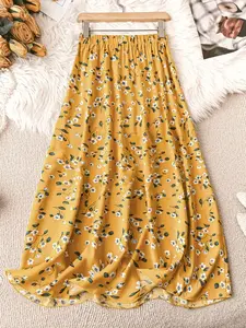 Women's Long Split Skirt, Elastic Waist, Floral Pattern, Ditsy, Cute Summer Fashion, Cool and Comfortable Design