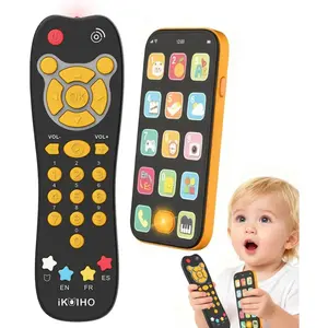 Baby Phone TV Remote Toy Set, Bilingual Play Phones Toy Remote for Baby with Music Light for 6+ Months, Early Learning Baby Toys Gift for 1 Year Old Boys Girls Toddler Infant, English/Spanish, Orange