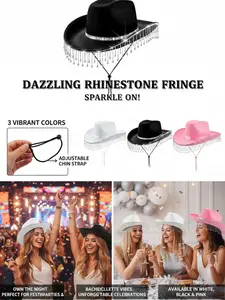 Elegant Tassel Faux Crystal Denim Hat, Music Party Jazz Cap, Plain Wide Brim Hat, Non-Woven Bride Cowboy Hat, Fashion Party Head Accessory
