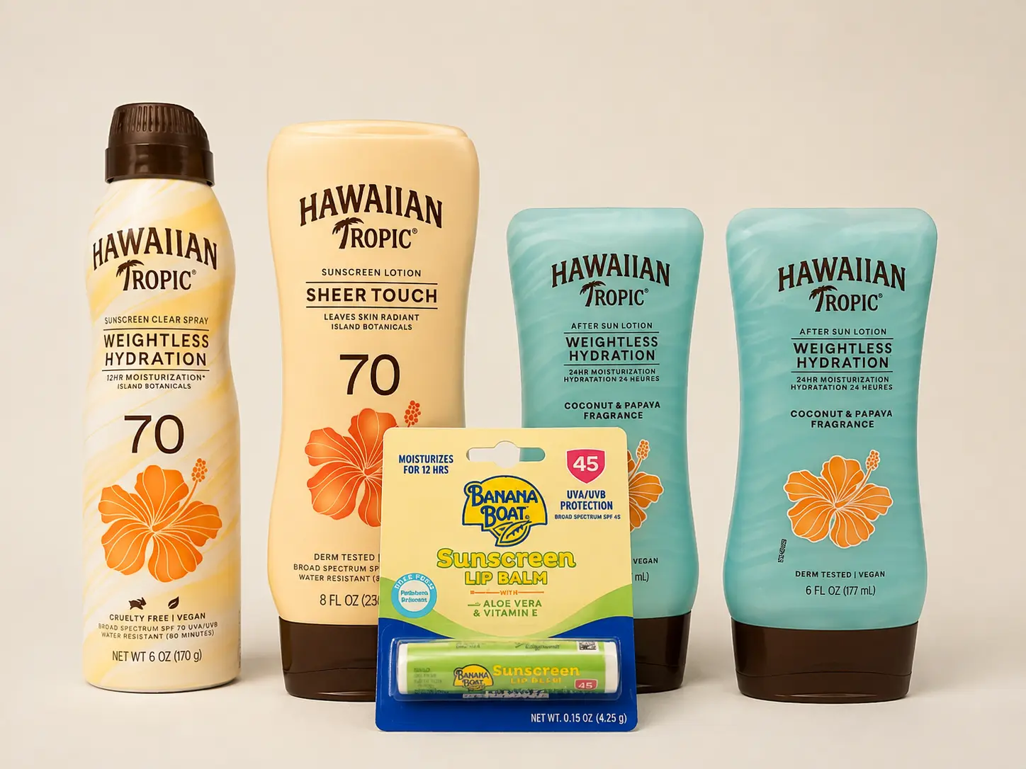 Hawaiian Tropic SPF 70 Sun Care Bundle + Banana Boat SPF 45 Lip Balm – 5 Piece Set