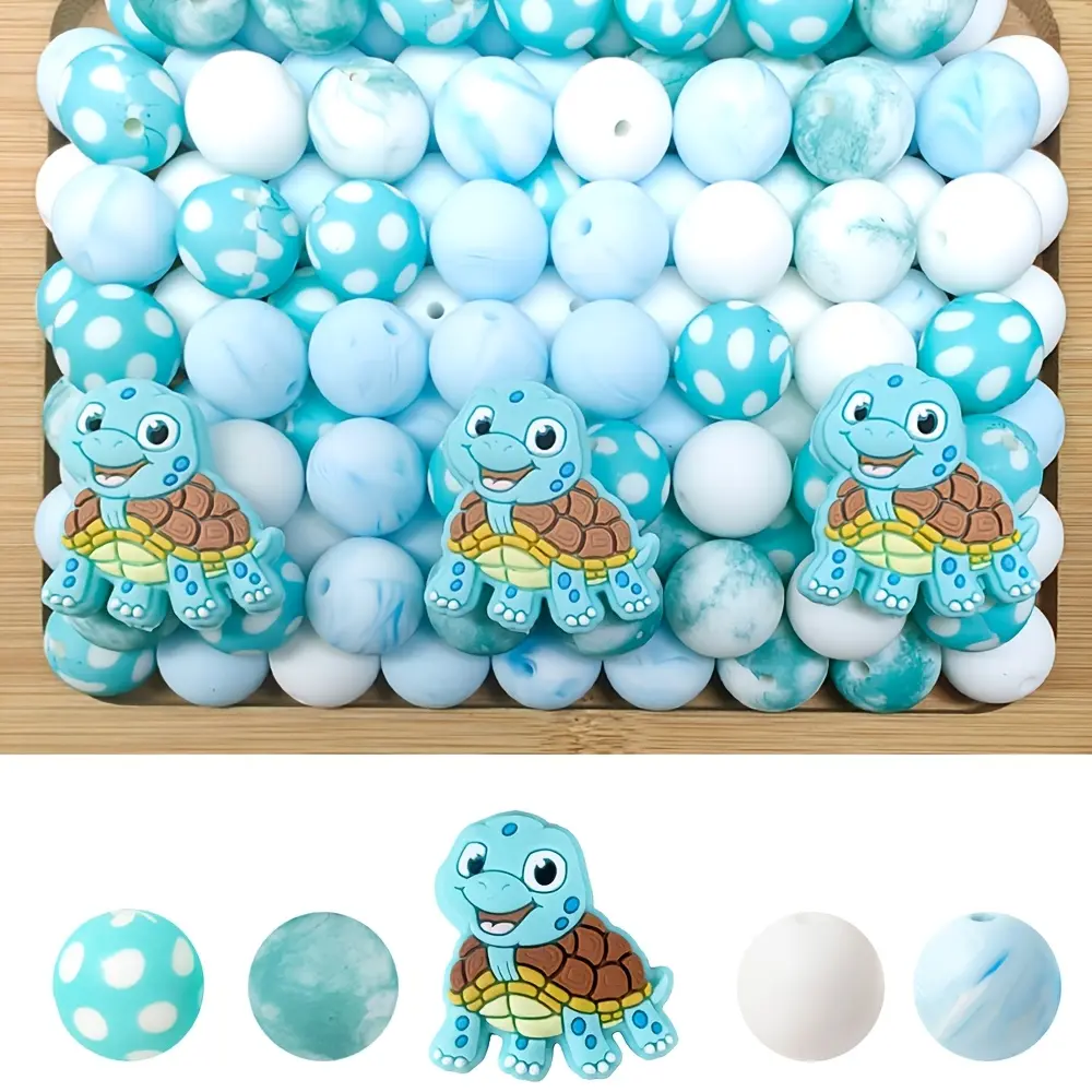 33PCS Turtle-themed silicone bead set with 15mm printed beads and solid-color beads, suitable for DIY beaded pens, bracelets, keychains, earrings, holiday decorations, and other crafts. Ideal as a holiday or birthday gift.