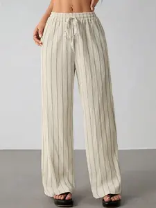 Women's Striped Belted Straight Leg Loose Streetwear Pants, Casual Style, Medium Fabric Thickness, Wearable All Year Round