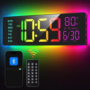 16.5" Large Digital Wall Clock with BT Sync, RGB Lights with 11 Scenes Mode Remote Control, Big LED Clock with Dual Alarms, Auto DST, Temperature for Classroom Gaming