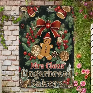 1Pc Mrs Claus' Gingerbread Bakery Vintage Metal Sign - Christmas Cookies Wall Decor For Home, Cafe, Office, Store, Pub, Club - Rustic Tin Plaque, Wall Mount, No Power Needed, Multi-Purpose Use