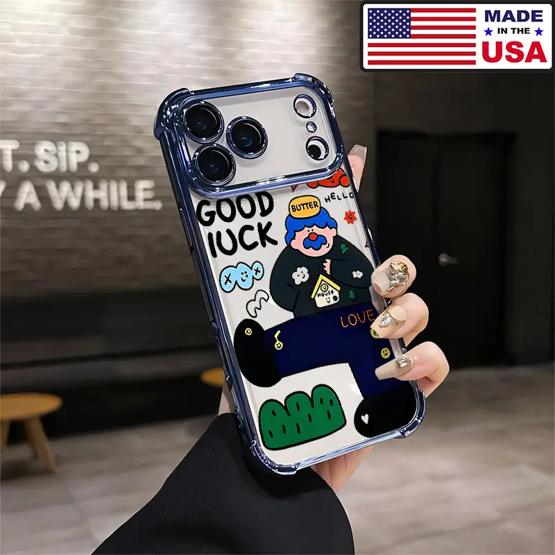Hand Drawn Butter Blue Hat Man Good Luck Slogan Aesthetic Design Pattern Casing For iPhone 17 16 15 14 13 12 Samsung 22 23 24 25 Plus Pro Max Ultra Soft Silicon TPU Shockproof Protector Vintage Unique Gifts for girls Fashion Mobile Phone Case, Accessories