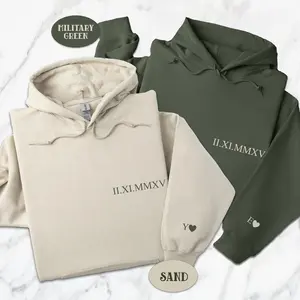 Custom Roman Numeral Date Sweatshirt, Matching Couples Valentines Day Gift, Personalized Anniversary Date Hoodie With Initials On Sleeve E