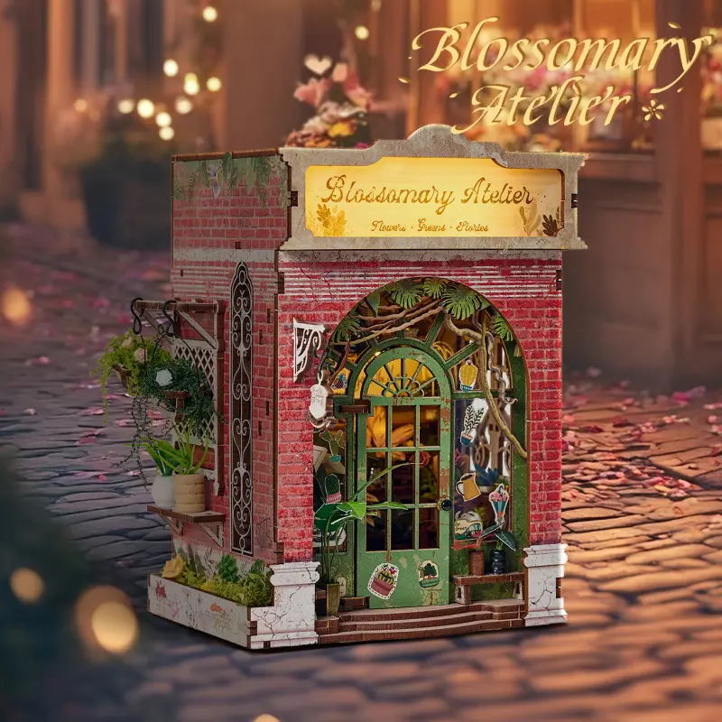 Blossomary Atelier Flower Shop Book Nook Kit | Miniature Wooden Bookshelf Insert (LED Light)