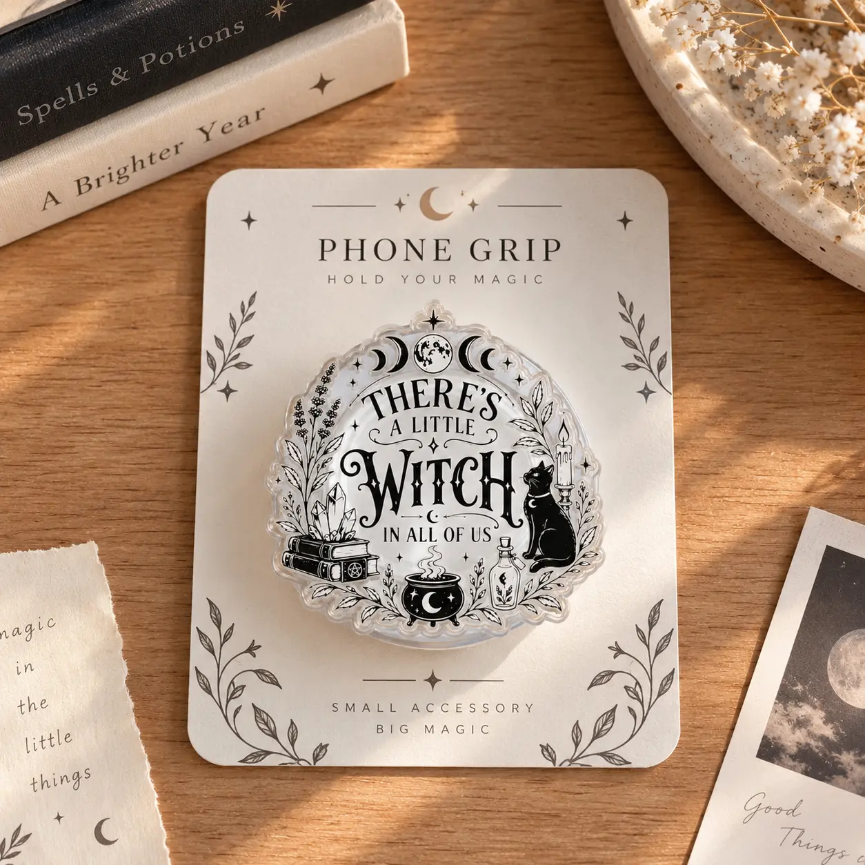 Witch Magsafe Phone Grip, Kindle Grip, Gothic Cat & Moon Acrylic Phone Holder, Magic Cauldron Design, Crystal & Book Lover Phone Stand, Halloween Gift for Witchy Girls