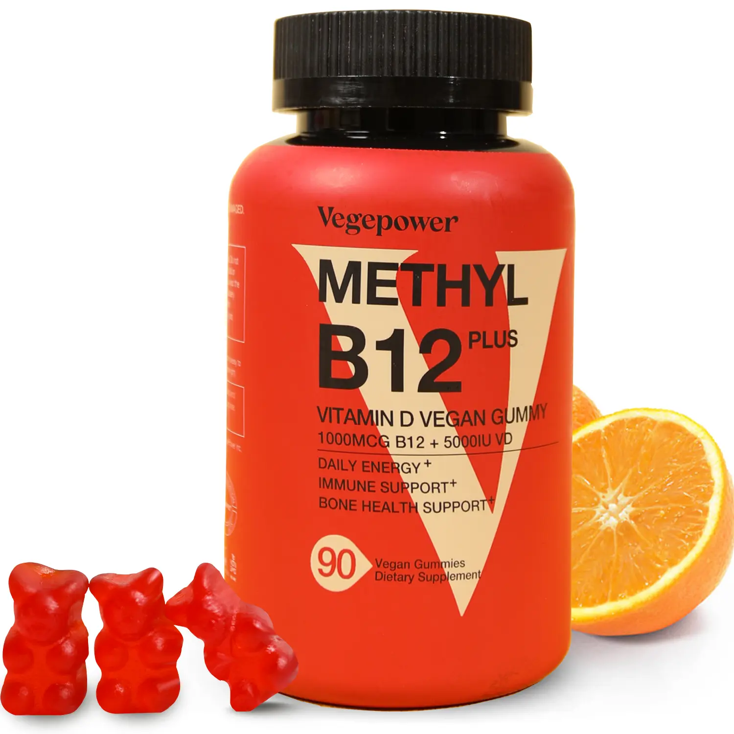 Vegan Vitamin B12 Gummies with Vitamin D - 90 Count I 1000 MCG Methyl B12 & D3 5000 IU Chewable Gummies Supplements for Adults & Kids - Supports Bone Health & Daily Energy Boost - Non-GMO, Orange Healthcare Dietary Fitness Edible Bathroom