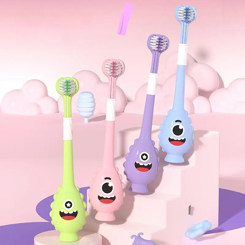 Random Color Cartoon Monster Design Three-sided Toothbrush, 360° Deep Cleaning Toothbrush with Tongue Scraper, Oral Care Product for Kids