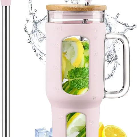 Glass Tumbler with Lid and Straw, Iced Coffee Cup and Glass Water Bottles with Silicone Sleeve, glass cup with Straws - Drinking Straw BPA Free Washable Drinkware