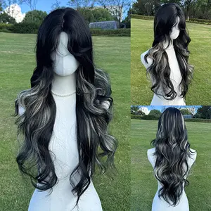 SMILCO/28Inch Highlight Gold with Black Long Wavy with Bangs Synthetic Wig/SM514