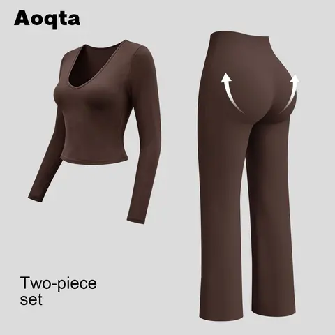 Aoqta Women’s 2-Piece Stretch Sportswear Outfit - V-Neck Long Sleeve Shirt, High-Waist Below-Ankle Flared Pants Training Suit for Yoga, Gym, Workout Running Outfits (Trendy Sports Wear, Gym Workout Apparel)