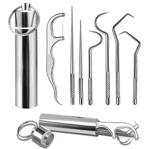 7PCS Reusable Stainless Steel Toothpick Set with Keychain Holder Travel Teeth Cleaning Tools for Camping Picnic Oral Care Set Interdental Flosser