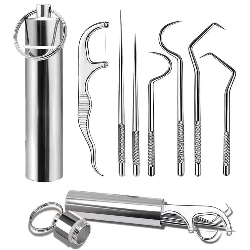 7PCS 304 Stainless Steel Reusable Toothpick Set - Portable, Easy Grip, Keychain Holder, Interdental Cleanser, Multiple Types, Thorough Clean Travel Oral Care Kit for Camping, Interdental Cleaner, Cleansing, Food Grade