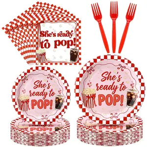 Yungyan 96 Pcs She's Ready to Pop Baby Shower Decorations Soda Theme Paper Plates and Napkins Tableware Set Red Plaid Baby Shower Party Disposable Favor for Gender Reveal Birthday Party Supplies