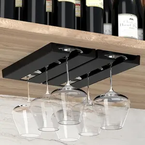 Under Cabinet Wine Glass Holder Rack Stemware Glasses Storage Hanger Plastic Organizer for Bar Punch-free Self-adhesive 2 Pack Black