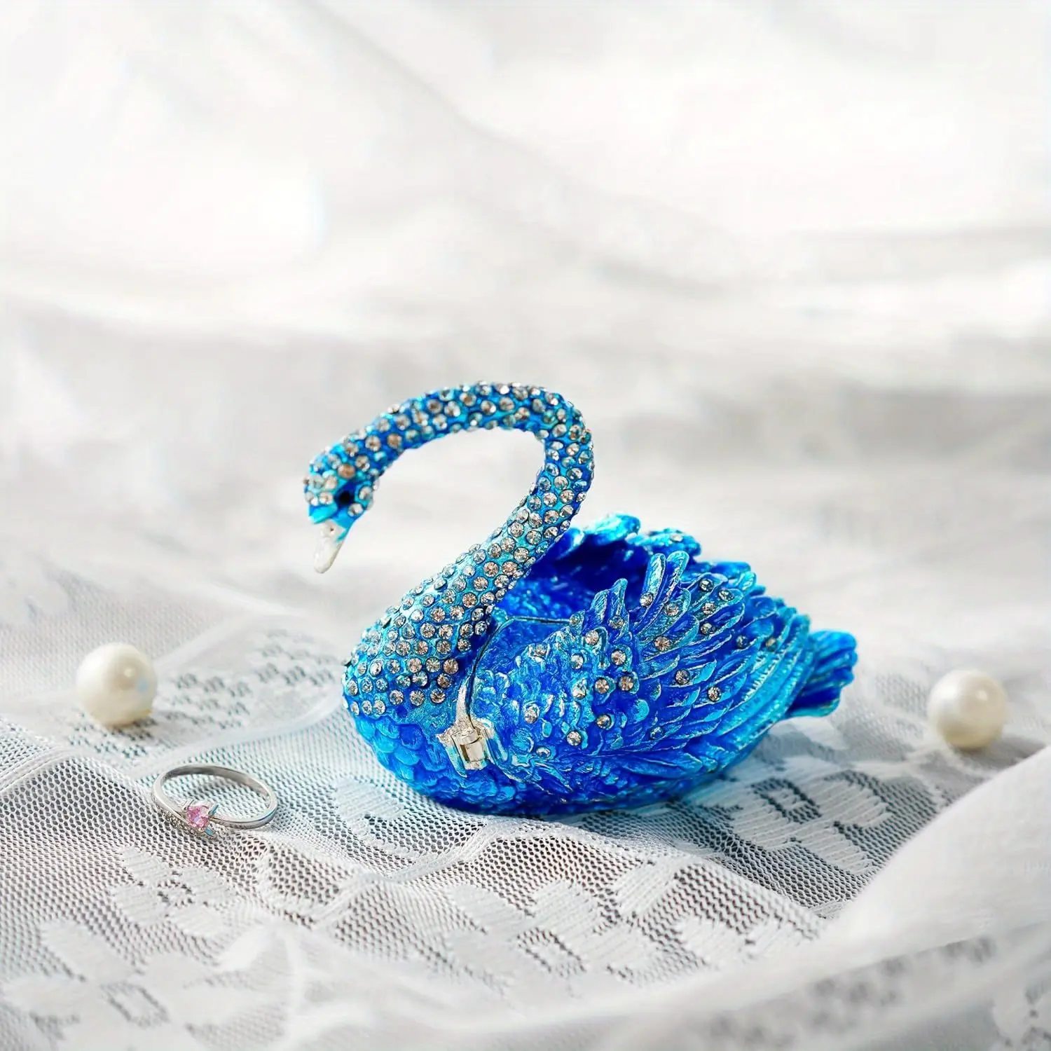 Blue Swan Animal Jewelry Enamel Home Decorations Trinket Box Hinged Collectible Figurines for Home Decor
