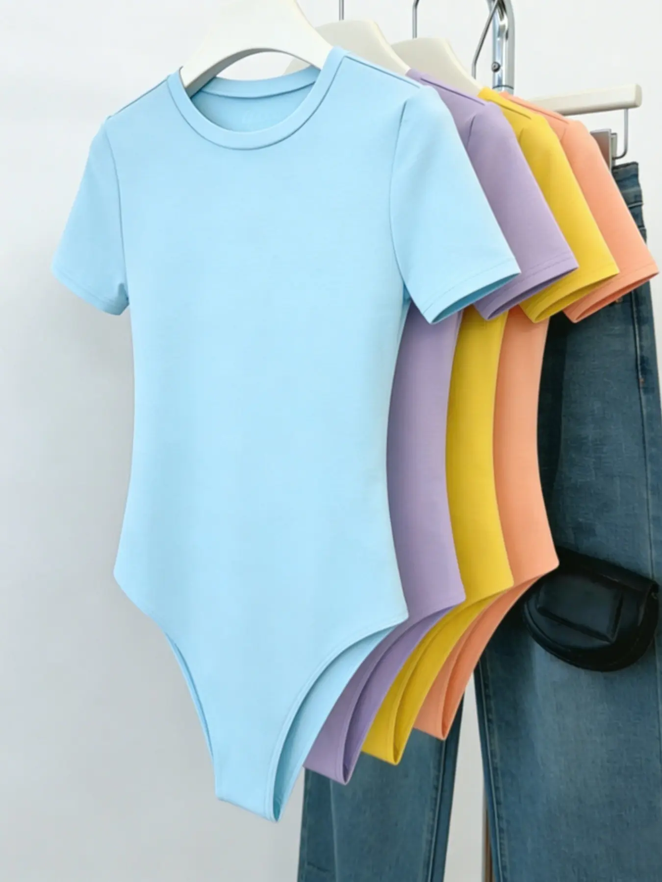 Korean Style Simple Multicolor Short Sleeve Jumpsuit, Slim Fit Round Neck, Versatile Four-Piece Set, Perfect for Layering