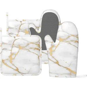 4 Piece Marble White Gold Silicone Oven Mitts and Pot Holders Set, Heat Resistant Non-Slip Long Grip Kitchen Accessories for Cooking Baking Grilling BBQ