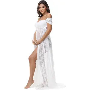 Maternity Dresses for Photoshoot Off Shoulder Chiffon Lace Gown Split Front Maxi Photography Dresses