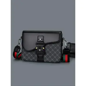 Men’s geometric-pattern flap-closure fashion crossbody bag; multifunctional PU leather travel bag; casual accessory for daily use at work or school; stylish crossbody bags