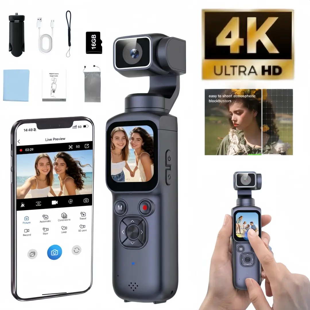 4K Vlogging Camera with 16GB Card ,Pocket Camera,Tripod, AI Face Tracking, 330° Rotating Lens,1.72" TouchScreen,4K Handheld Camera, Video Camcorder, Cameras for vlogging，summerwins,father'sdaygifts