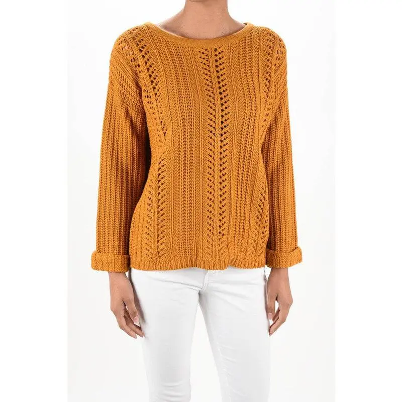 Leaf Crochet Detailed Rolled Up Sleeve Sweater