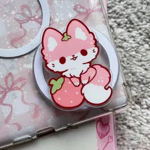 Strawberry Fox MagSafe Phone Grip – Kawaii Pink Fox Magnetic Pop Socket Kickstand for Phone & Kindle – Sweet Gift for Her