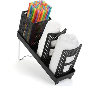 Coffee Cup Dispenser with Straws Holder Plastic Coffee Cup and Lid Holder 5-20oz Disposable Paper Cups Organizer for Countertop Station Bar Office Restaurant Breakroom 3 Compartments