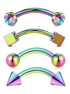 4pcs/set Unisex Punk Style Geometric Design Stainless Steel Eyebrow Rings, Casual Trendy Rhinestones Decorated Eyebrow Rings, Fashionable Eyebrow Piercing Rings For Women & Men