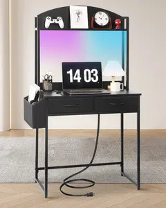 Freestanding Home Office Desk with Side Bag & 2 Fabric Drawers, Makeup Vanity Table with LED Lights and Power Outlet, 2 Tier Shelf & Computer Gaming, Study Writing Gaming Table for Bedroom, Black