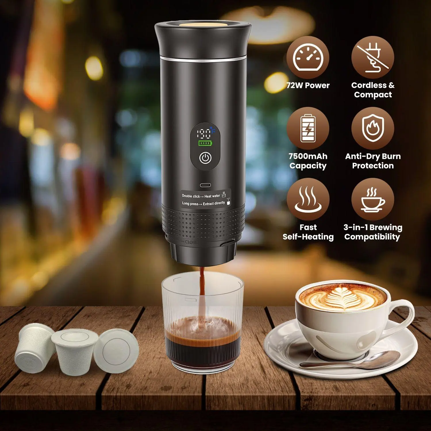 3-in-1 Portable Espresso Machine Cordless Self-Heating Coffee Maker with 7500mAh Battery 20Bar Pressure Anti-Dry Burn Fit for Ground Coffee/NS/DG Capsules for Camping Hiking RV Home Office sohochic
