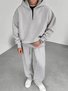 Men's Fall Winter Hoodie Set, Plain Zipper Hooded Sweatshirt + Drawstring Casual Sport Pants, 2 Piece, Fitted Long Sleeve