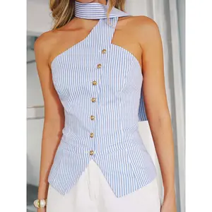 Striped Backless Buttoned Blouse