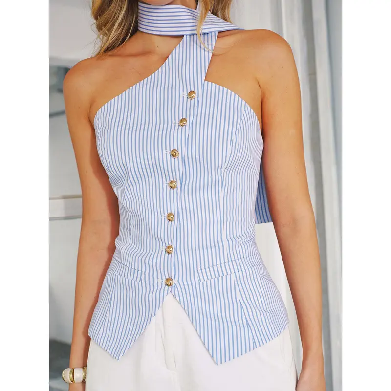 COMMENSE Women's Fitted Striped Backless Buttoned Blouse - Striped Fabric Blouses & Shirts for a Polished Casual Vibe