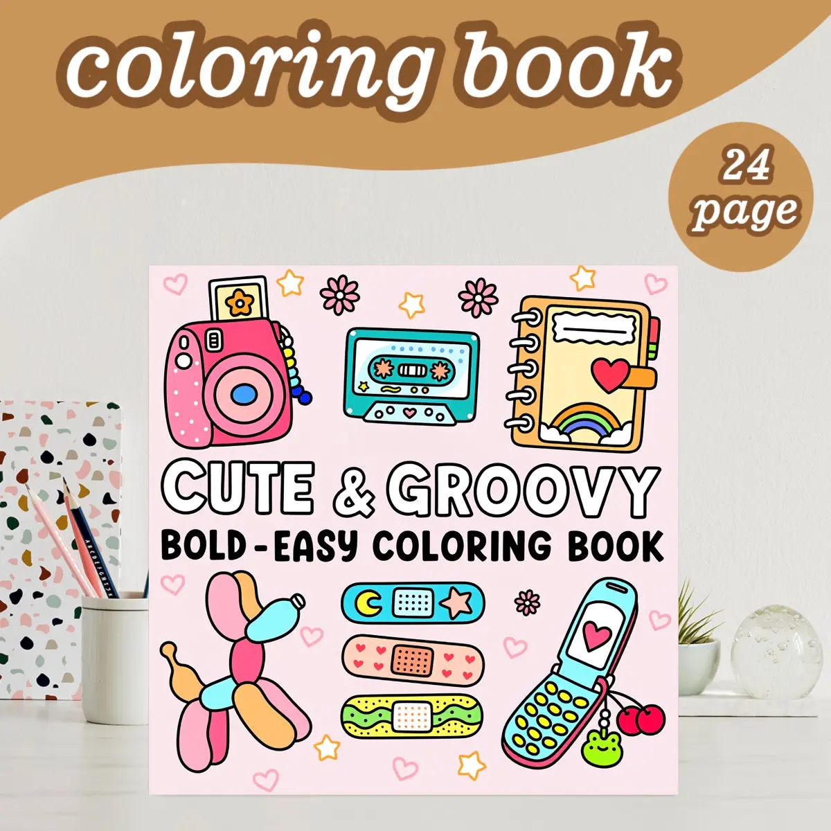 Cute and Cool Coloring Book Theme, 24 Bold Stress-Relief Designs, 7.9in X 7.9in Perfect Size, Thick Paper, Ideal Birthday Christmas Gift for Adults Kids Teens, Creativity, Relaxation Mindfulness