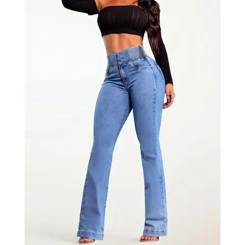 Women's Retro Cotton High-Waist Curvy Fit Flared Jeans - H-Type Sculpting, Butt-Lifting Stretch Denim, Elastic Waistband, Utility Pocket, Comfortable Work Wear